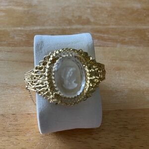 Whiting & Davis Vintage Intaglio Cameo Gold Plated Hinged Cuff Bracelet